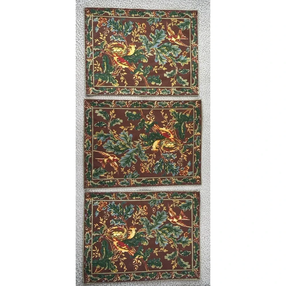 Set Of 3 April Cornell Cotton Placemats Birds Fall Autumn Chocolate Brown Cotton